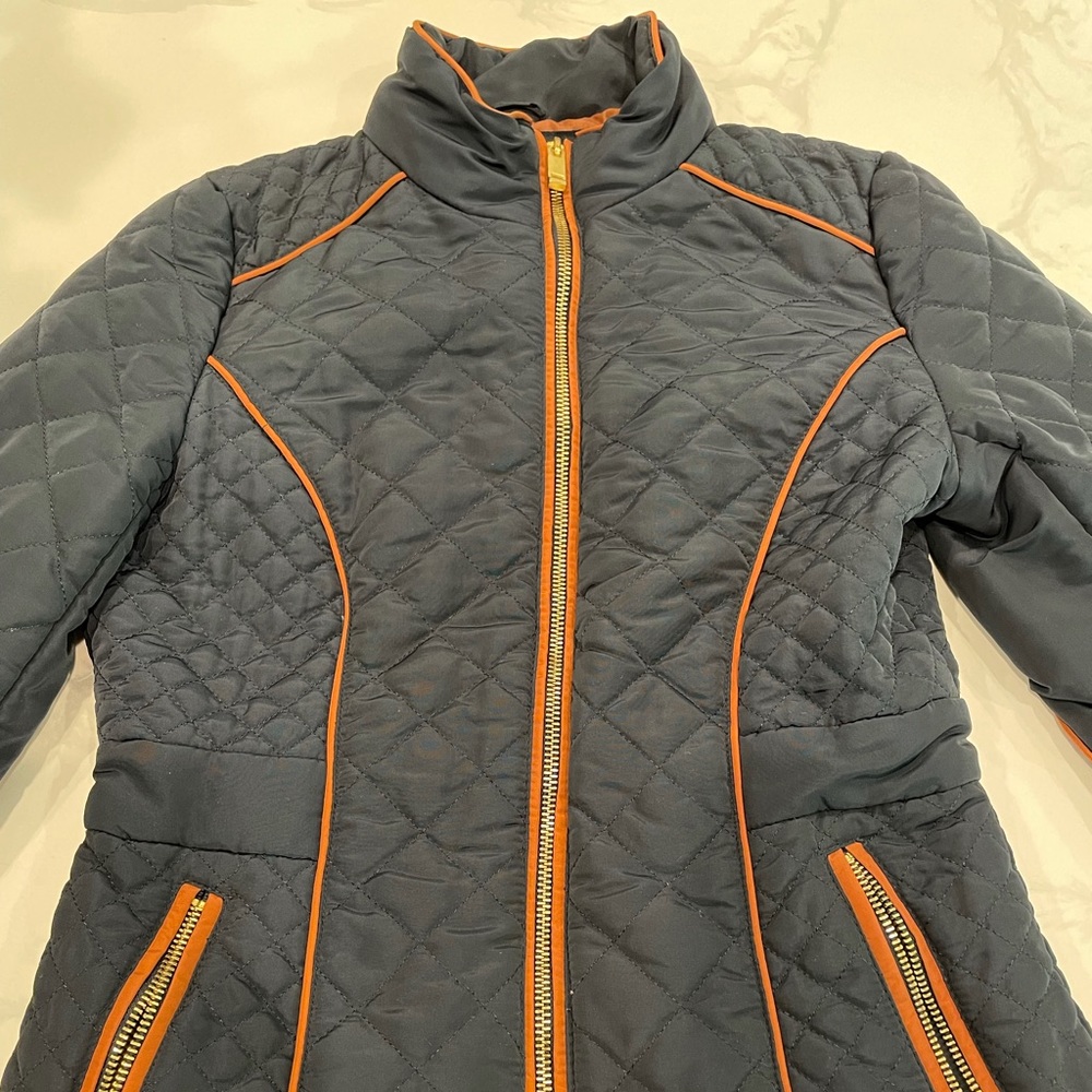 Navy blue with brown trim jacket